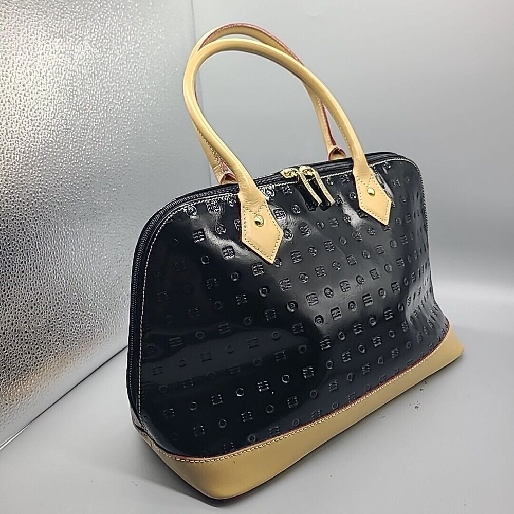 ITALIAN ARCADIA DOME SATCHEL TOTE HANDBAG BLACK LEATHER DOUBLE ZIPPER BASE STUDS